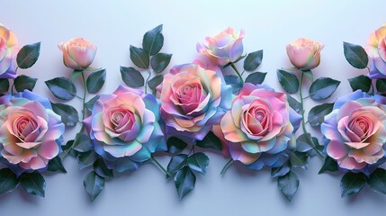 Rainbow roses on white background, romantic feminine composition, wedding invitation concept.