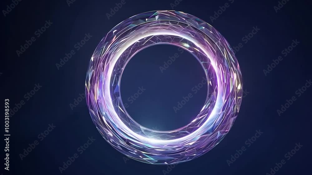 Poster luminous ring with a polygonal surface rotates slowly, emitting shimmering particles against a dark 