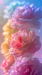 Fototapeta premium Rainbow roses on white background, romantic feminine composition, wedding invitation concept.