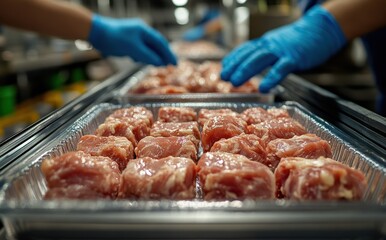 Close-up of chicken meat being cut and packaged on a production line in a food factory with workers in blue gloves