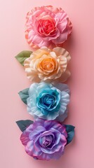Rainbow roses on white background, romantic feminine composition, wedding invitation concept.