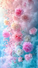 Obraz premium Rainbow roses on white background, romantic feminine composition, wedding invitation concept.