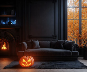 Obraz premium Aesthetic room interior design with Halloween elements. Wall with decoration in the apartment. Holiday pumpkins in the room.