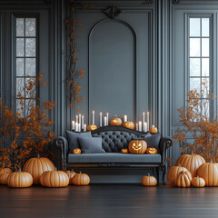 Obraz premium Aesthetic room interior design with Halloween elements. Wall with decoration in the apartment. Holiday pumpkins in the room.