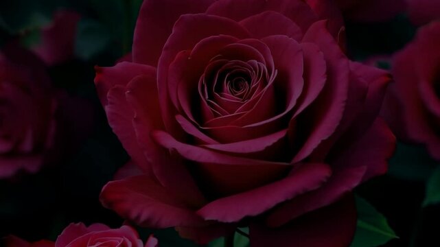 Six square frames showing a vibrant red rose blooming. The rose is surrounded by green leaves and other roses in a garden