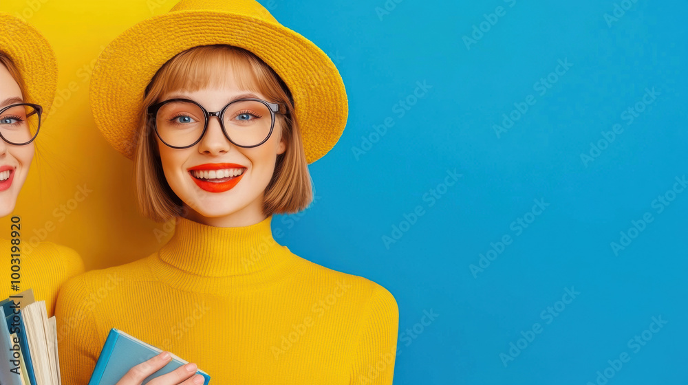 Wall mural Two women in yellow hats and glasses holding books, AI