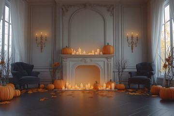 Aesthetic room interior design with Halloween elements. Wall with decoration in the apartment. Holiday pumpkins in the room.