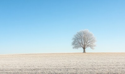 Crisp winter landscape of a barren field with a single tree, frost-kissed and serene under a clear, icy sky