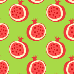 Colorful pomegranate pattern on a vibrant green background showcasing fresh fruit design elements