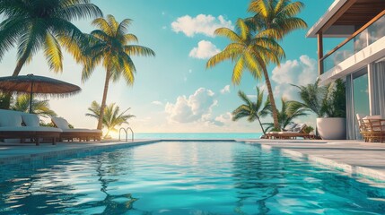 Fototapeta premium Tropical Oasis: Serene Island Escape with Palm Trees and Pool