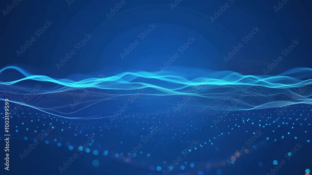 Poster blue particles create a dynamic wave, forming an abstract background. a digital wave flows across a 