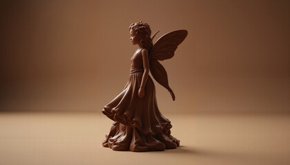 Chocolate fairy figurine in graceful pose with wings on soft brown background for artistic purposes