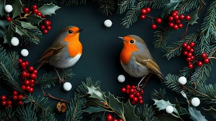 Forest birds among Christmas tree branches and red berries. Winter background. Illustration on a Christmas theme.