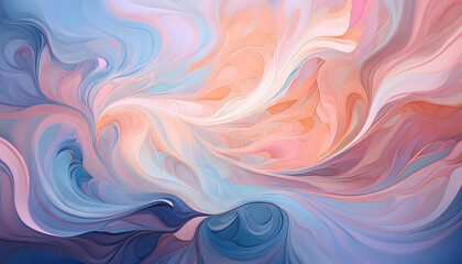 Obraz premium Abstract painting with wavy, interflowing structures in blue, gray, orange, and salmon. Version 2.