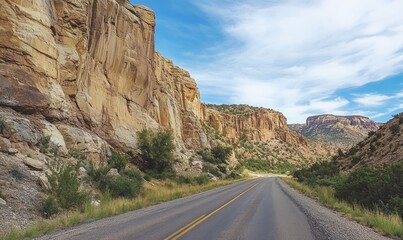 Extreme terrain along a paved road in the Western with steep sloped mountainside and a rock formation