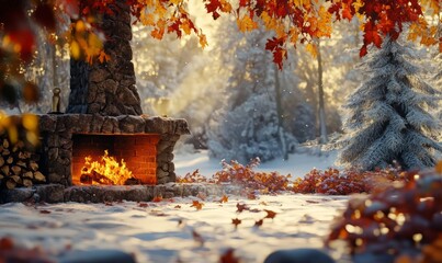 Fireplace, snowy landscape, autumn colors, relaxing, peaceful