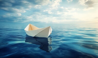 Obraz premium floating in paper boat on blue ocean, embarking on journey