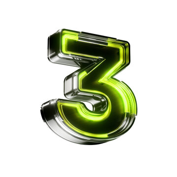 3d number three led metallic sign green neon isolated on transparent background