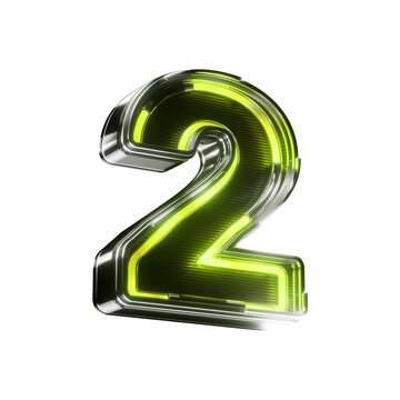 3d number two led metallic sign green neon isolated on transparent background