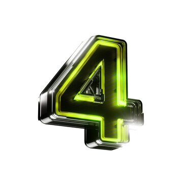 3d number four led metallic sign green neon isolated on transparent background