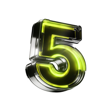 3d number five led metallic sign green neon isolated on transparent background