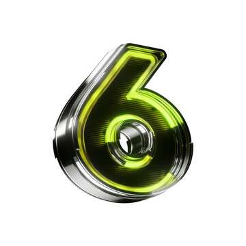 3d number six led metallic sign green neon isolated on transparent background