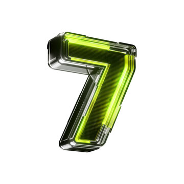 3d number seven led metallic sign green neon isolated on transparent background