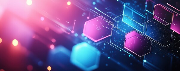 Obraz premium Abstract geometric technology background with vivid colors and glowing hexagons for app interfaces and futuristic designs