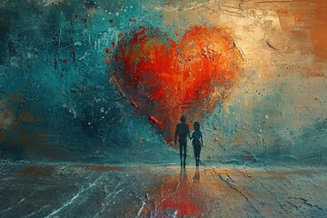 Paar steht verliebt in einem roten Herz, Valentinstagskarte