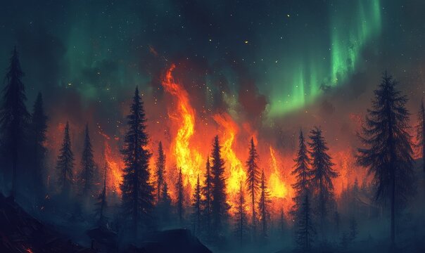 Forest fire and northern lights