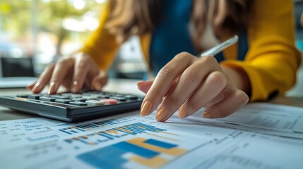 A businesswoman analyzes finances at her home office, using a calculator to navigate costs and ensure effective accounting, blending productivity with a comfortable workspace.