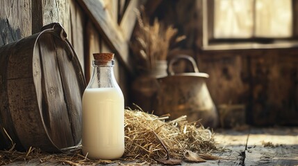 Capture the rustic charm of fresh milk in a glass bottle, surrounded by hay, barn wood, and a milk pail, evoking a nostalgic farm atmosphere.