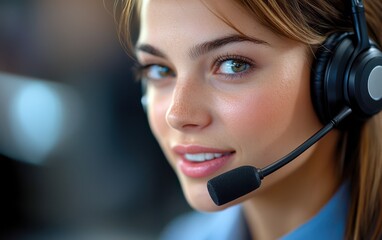 Close-up of a smiling customer service agent wearing a headset and engaging with clients professionally