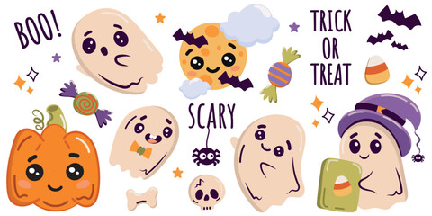 Big set of Halloween characters drawing by hand in trendy flat style isolated on white background. Childish print for card, stickers, party dekoration, banner or background. Cute vector illustrations