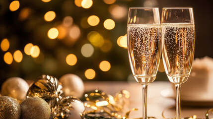 New Year Eve celebration with champagne and shiny golden background . Champagne glasses 