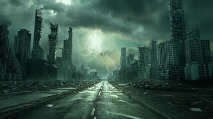 A deserted city street under a stormy sky with lightning striking in the distance - Powered by Adobe