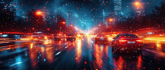 Fototapeta premium Nighttime cityscape with cars driving on a wet road with bokeh lights.