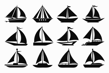  Sailboat icons set, stock vector, boat logo silhouette black isolated vector art illustration