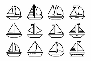 Sailboat icons set line art, stock vector, boat logo silhouette black isolated vector art illustration