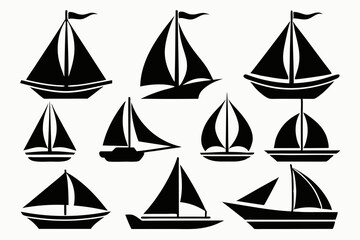  Sailboat icons set, stock vector, boat logo silhouette black isolated vector art illustration