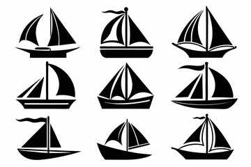  Sailboat icons set, stock vector, boat logo silhouette black isolated vector art illustration