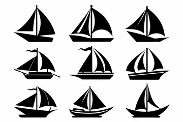  Sailboat icons set, stock vector, boat logo silhouette black isolated vector art illustration