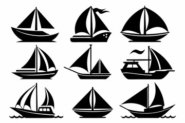  Sailboat icons set, stock vector, boat logo silhouette black isolated vector art illustration