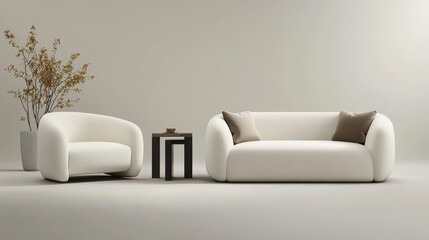 Naklejka premium A simple, modern sofa and armchair in a minimalist style, similar to Muji's designs. This is a 3D rendering.