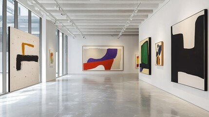 A view of a contemporary art gallery with a minimalist aesthetic, where large abstract artworks dominate the space