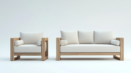A simple, modern sofa and armchair in a minimalist style, similar to Muji's designs.  This is a 3D rendering.