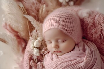 A serene newborn peacefully sleeping in soft pink attire surrounded by flowers. Generative AI