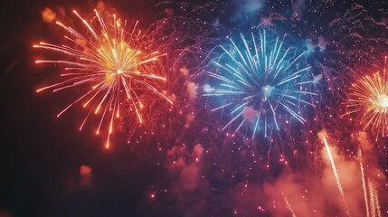 Fototapeta premium Beautiful fireworks light up the city at night, making a colorful and joyful show. They're perfect for holidays, celebrations, and special events.