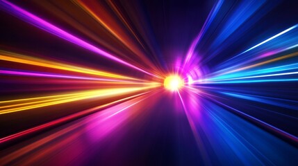 Obraz premium Bright neon lights shine through tunnels, creating beams and patterns. The light appears to be moving, creating a sense of depth. The background is dark and abstract, like an empty stage.