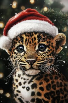 An adorable leopard cub wears a Santa hat, surrounded by twinkling lights, highlighting its innocence and playfulness amidst a festive setting.